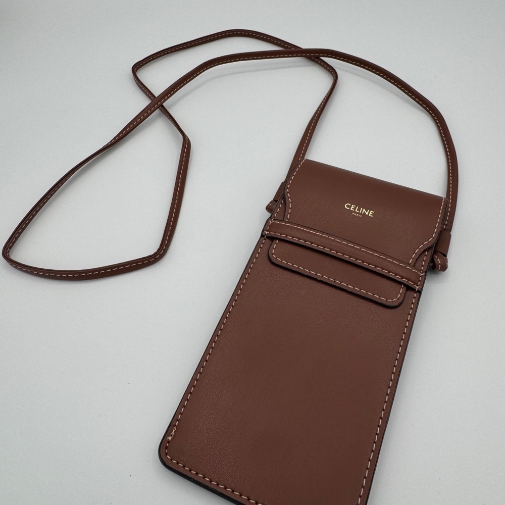 Céline Phone Pouch on Strap in caramel tan calfskin leather 🤎